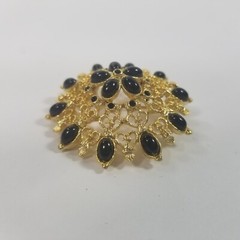 Dome Brooch Gold Tone Filigree Open Work Black Enamel Flower