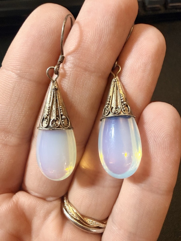 925 Sterling Silver Opaline Glass Dangle Earrings Women Vintage