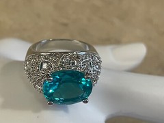 925 Sterling Silver vintage cocktail ring .5” aquamarine Ring 8 ornate MCM domed