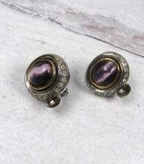 Vintage MX Silver Gold Tone Purple Cat Tigers Eye Piereced Earrings Rhinestone