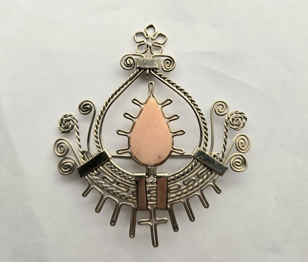 Vintage Artisan Metal Filigree Brooch w/ Rose Quartz Stone Tribal Boho