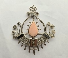Vintage Artisan Metal Filigree Brooch w/ Rose Quartz Stone Tribal Boho