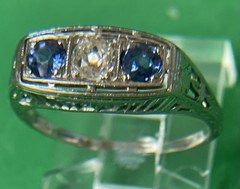 18k White Gold Art Deco Natural European Cut Diamond & Sapphire Ring