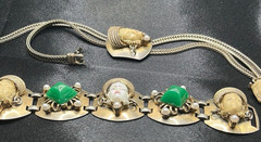 Vintage Sculpted Face Pendant Necklace & Green Stone Bracelet Set