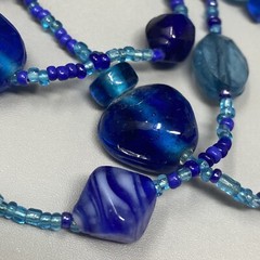 Layered Art Glass Necklace Blue Marble Opaque Transparent Bead Seed Acrylic 20″