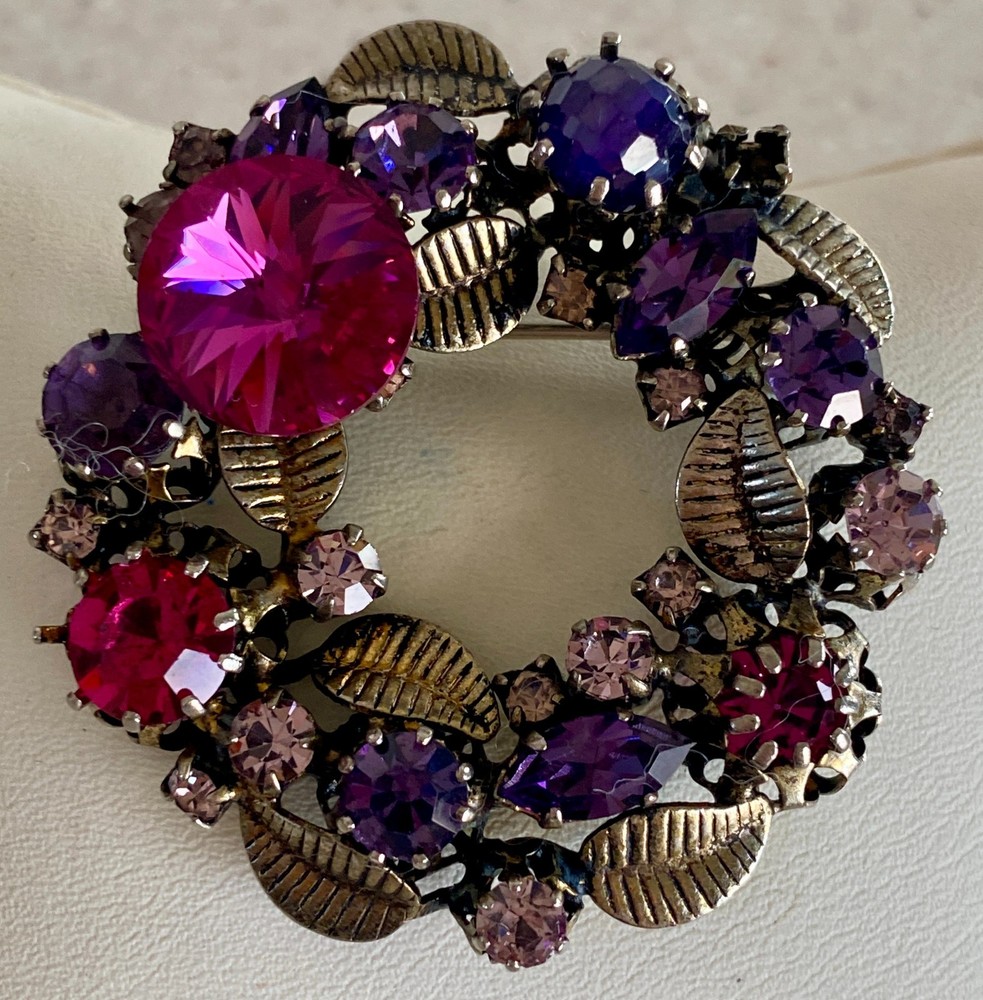 Vintage Austria Crystal Brooch Round Wreath Pink Purple Gold Tone Leaves