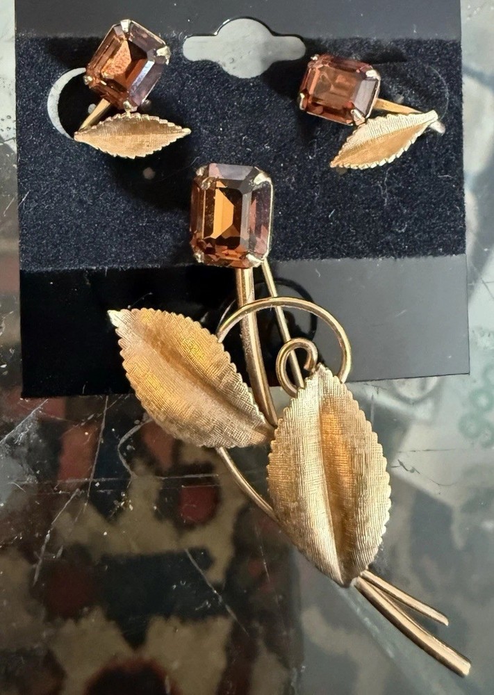 Vtg Van Dell Amber Stone Brooch Earrings Set 1/20 12K GF Gold Filled Flower Leaf
