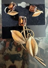 Vtg Van Dell Amber Stone Brooch Earrings Set 1/20 12K GF Gold Filled Flower Leaf