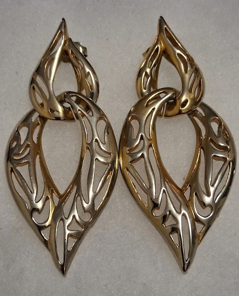VTG segmented gold/silver-tone dangle drop earrings, teardrop, intricate cutout