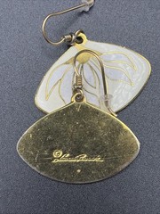 Vintage Laurel Burch Gold Tone Willow Branch Fan Cloisonné Dangle Earrings