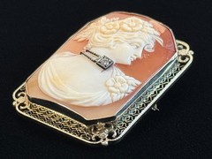 Antique 14K White Gold Shell Cameo Brooch Diamond Filigree Frame 30mm 11.4g
