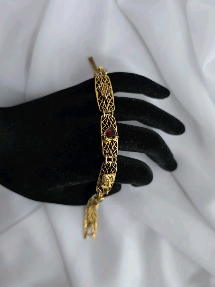 1960s Goldette NY Multi-Stone Gold Tone Bracelet 7.25″ Lattice Links
