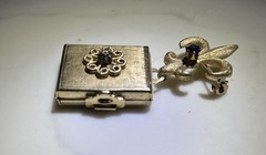 17. Vintage Rare CORO Gold tone Hinged Photo Book Locket Medal Pin Brooch