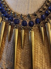 Pewter Tone Bib Necklace w/ Blue Acrylic & Metal Beads, Long Metal Dangles