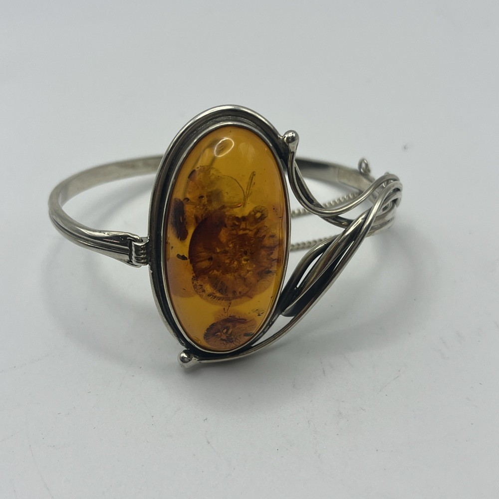 VTG Sterling Silver Baltic Amber Hinged Bangle Bracelet