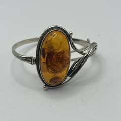 VTG Sterling Silver Baltic Amber Hinged Bangle Bracelet