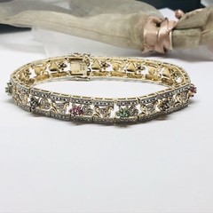 Vintage Sterling Silver Gold Clad Multi Color Stone Bracelet 7 1/4”