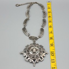 1970-80s Silver Tone Greek Key Revival Helios Sun God Face Pendant Necklace