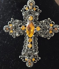 Gothic Cross Brooch Pin Amber Rhinestones Black Silver Tone Filigree 3″