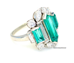 Fancy Cut Vivid Green 14.68CT Emerald With Old European Cut CZ Art Deco Ring