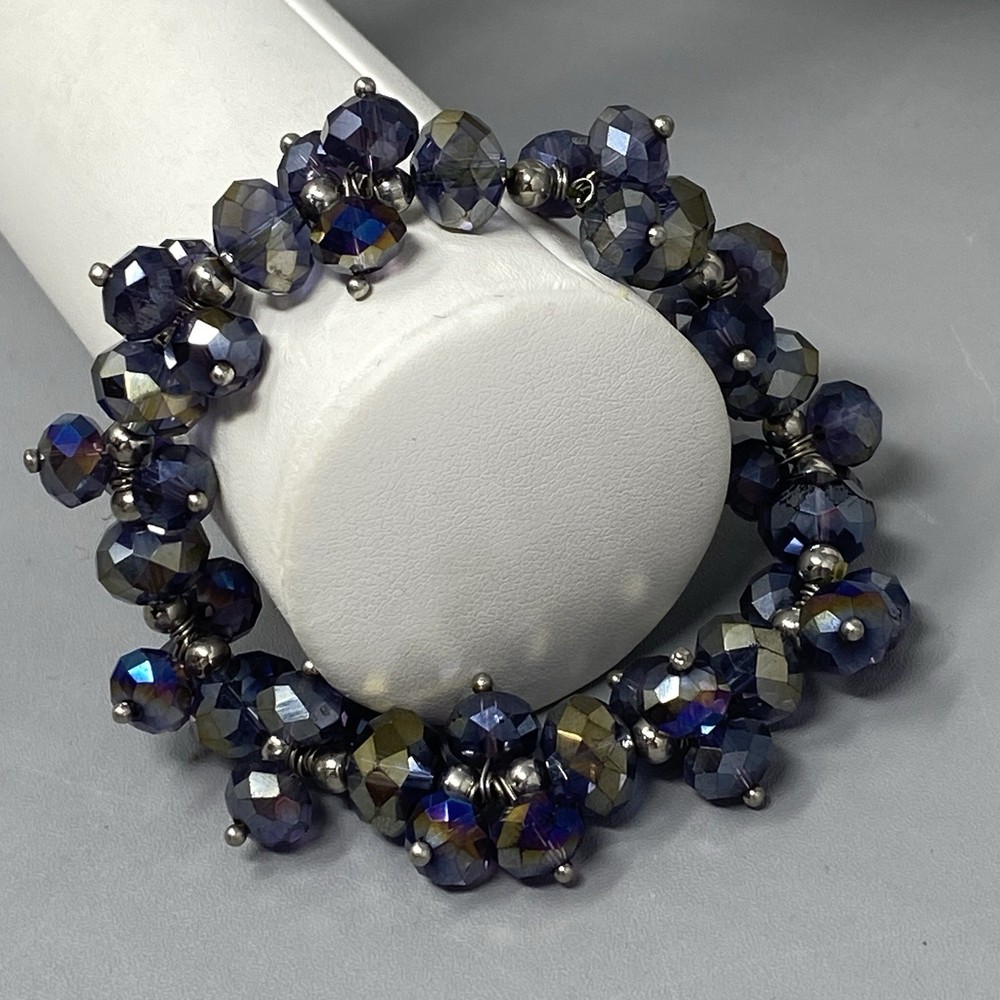 Metallic Coated Glass Beaded Bracelet Stretch Peacock Oil Slick Blue Purple 6.75