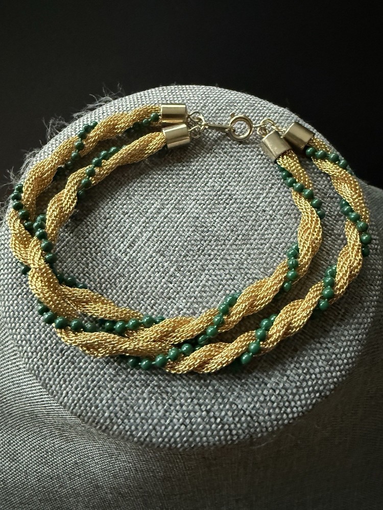 Vintage Mesh Twisted Beaded Bracelet Gold Tone Green Bead Rope Retro Career