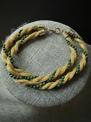 Vintage Mesh Twisted Beaded Bracelet Gold Tone Green Bead Rope Retro Career
