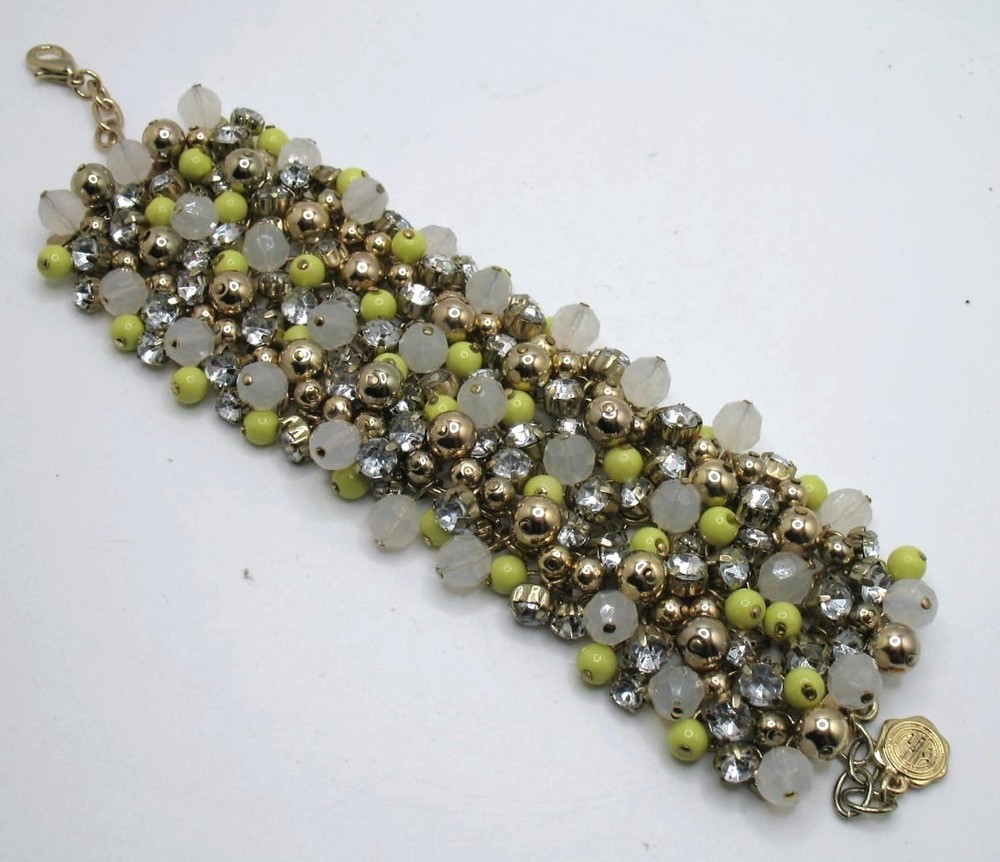 Vintage RJ Graziano wide chainmail and cluster bead and rhinestone bracelet