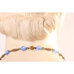 1940s 1950s Purple Blue Circle Disc Glass and Brass Metal Beaded Necklace