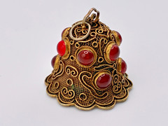 Antique Gold Vermeil Filigree Sterling Silver Carnelian Cabochon Bell Pendant