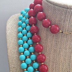 Vintage Red Lucite 30″ & Turquoise Acrylic Bead 60″ Necklace Lot opera Boho