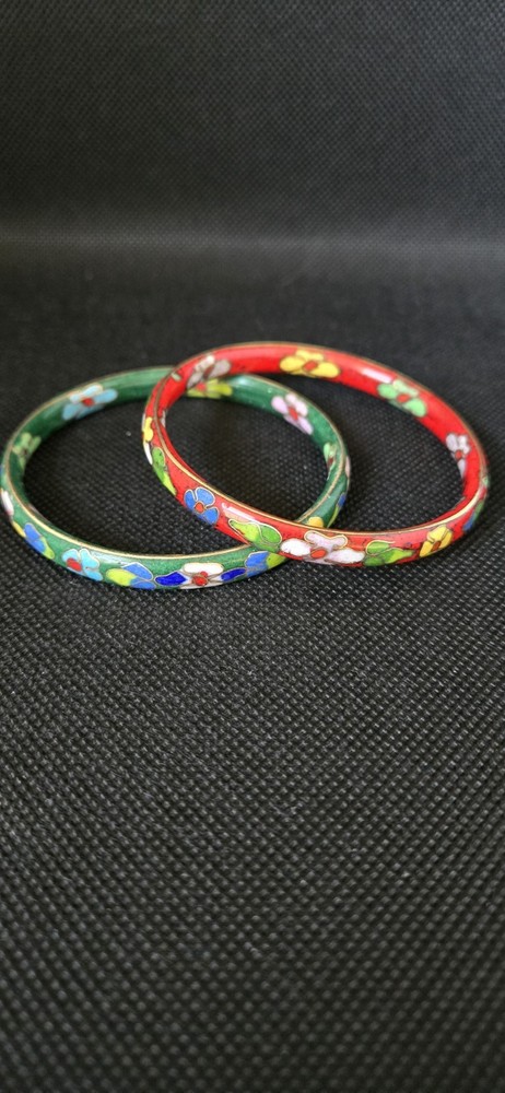 VINTAGE FLORAL CLOISONNE ENAMEL BANGLE BRACELET SET SZ LARGE