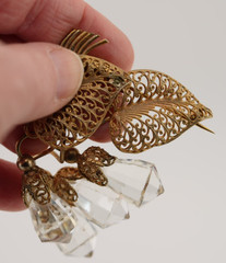 Antique Vintage Gilt Filigree Brooch Cut Crystal Drop European Design Statement