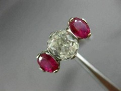 ANTIQUE 3.51CT OLD MINE DIAMOND & AAA RUBY PLATINUM THREE STONE ENGAGEMENT RING