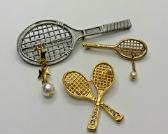 Vintage Tennis Brooch Pin Lot Avon Sports Racket Faux Pearl Gold Silver Tone 3