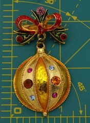 Vintage Christmas Holiday Ornament Brooch Pin Dangle Bow Holly Rhinestone