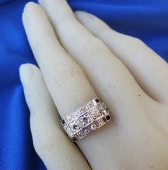 Original EARTH MINED DIAMOND Deco Statement Ring PLATINUM Sapphire 14K GOLD Band