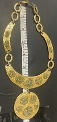 Vintage Large Gold Tone Modernist Necklace W Green Stone Accents Hammered