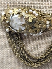 Signed MIRIAM HASKELL Art Nouveau Gold Plate Filigree Baroque Faux Pearl Brooch