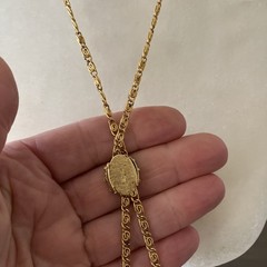 Vintage Victorian Revival Slide Chain Cameo Oval Gold Tone Chain Locker 30”