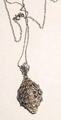 Edwardian Pendant / Necklace, Sterling Silver Filigree, Marcasites, 28 in. Chain