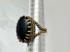 Vintage Brass Signed West Germany Black Glass 1″ Oval Inset Costume Ring