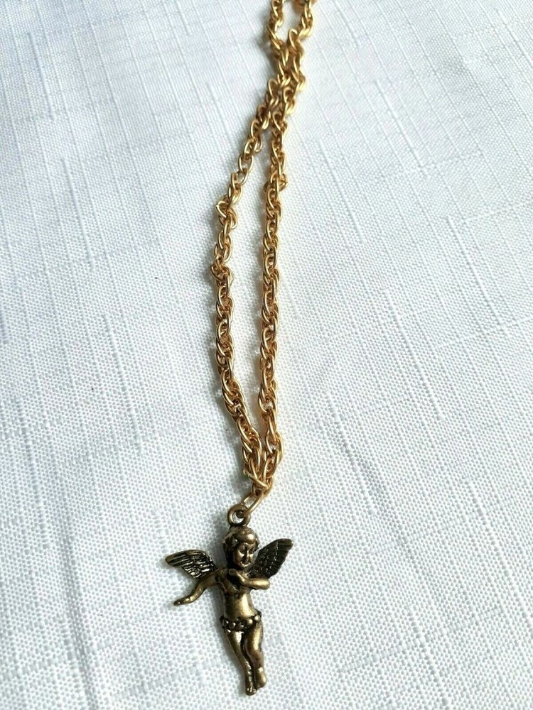 Vintage Gold Tone Necklace 12 Inches & Angel Charm – As Pictured –