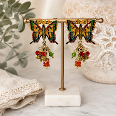 NOS Vintage Enamel Butterfly Dangle Earrings Colorful Crystal Gold Tone