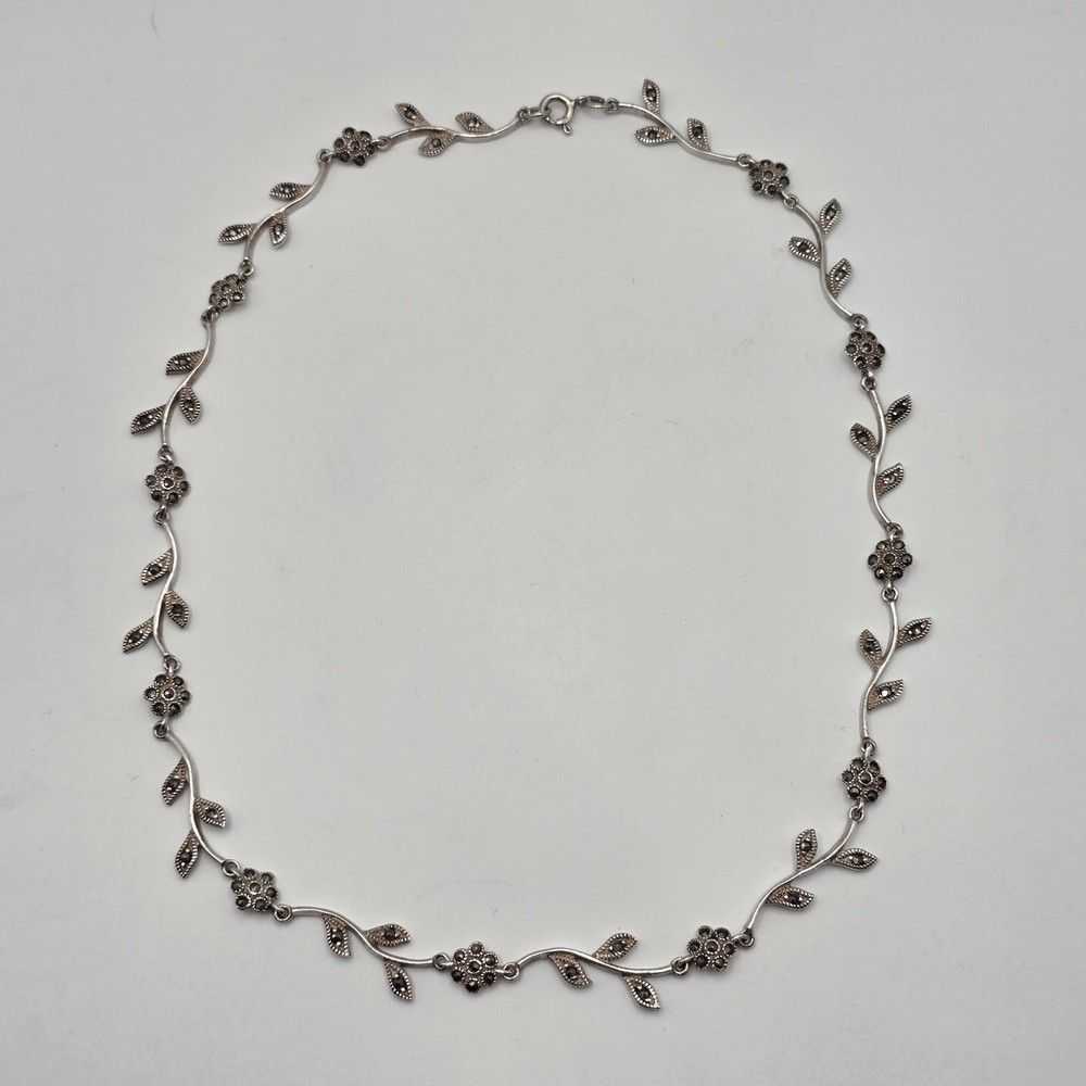 Dee Berkley Sterling Silver Floral Branch Marcasite Collar Necklace 17″ 16.6g