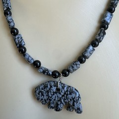 VTG Pendant Necklace 19 Inch Carved Buffalo Snowflake Obsidian Black Onyx Beads