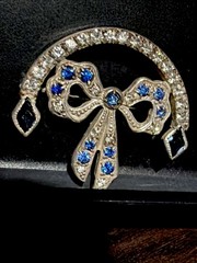Antique R-F Silver Tone Blue Rhinestones Bow Ribbon Arch Brooch Locking Pin