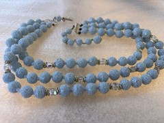 Vintage Marked Japan Necklace Acrylic Sugar Beads Frosted Blue Aurora 3 Strand