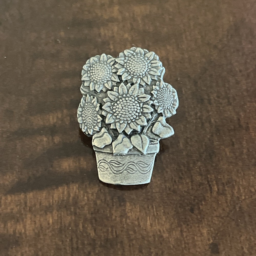 Vintage Birds And Blooms Small Pewter Basket With Sunflower’s Brooch