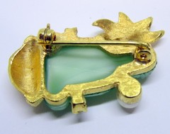 Vintage Buddha Faux Jade Glass and Rhinestone Pin